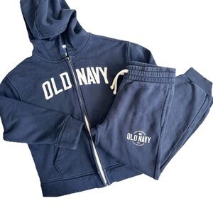 Old Navy M (8) Sweatsuit Navy Blue Full Zip Hoodie Sweatpants Set Outfit Logo